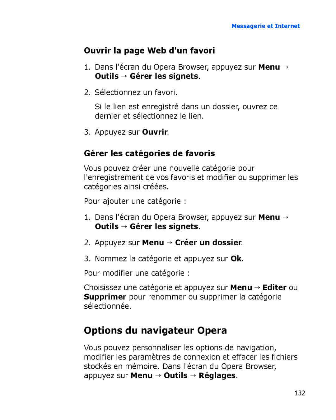 Samsung SGH-I780ZKABOG manual Options du navigateur Opera, Ouvrir la page Web dun favori, Gérer les catégories de favoris 