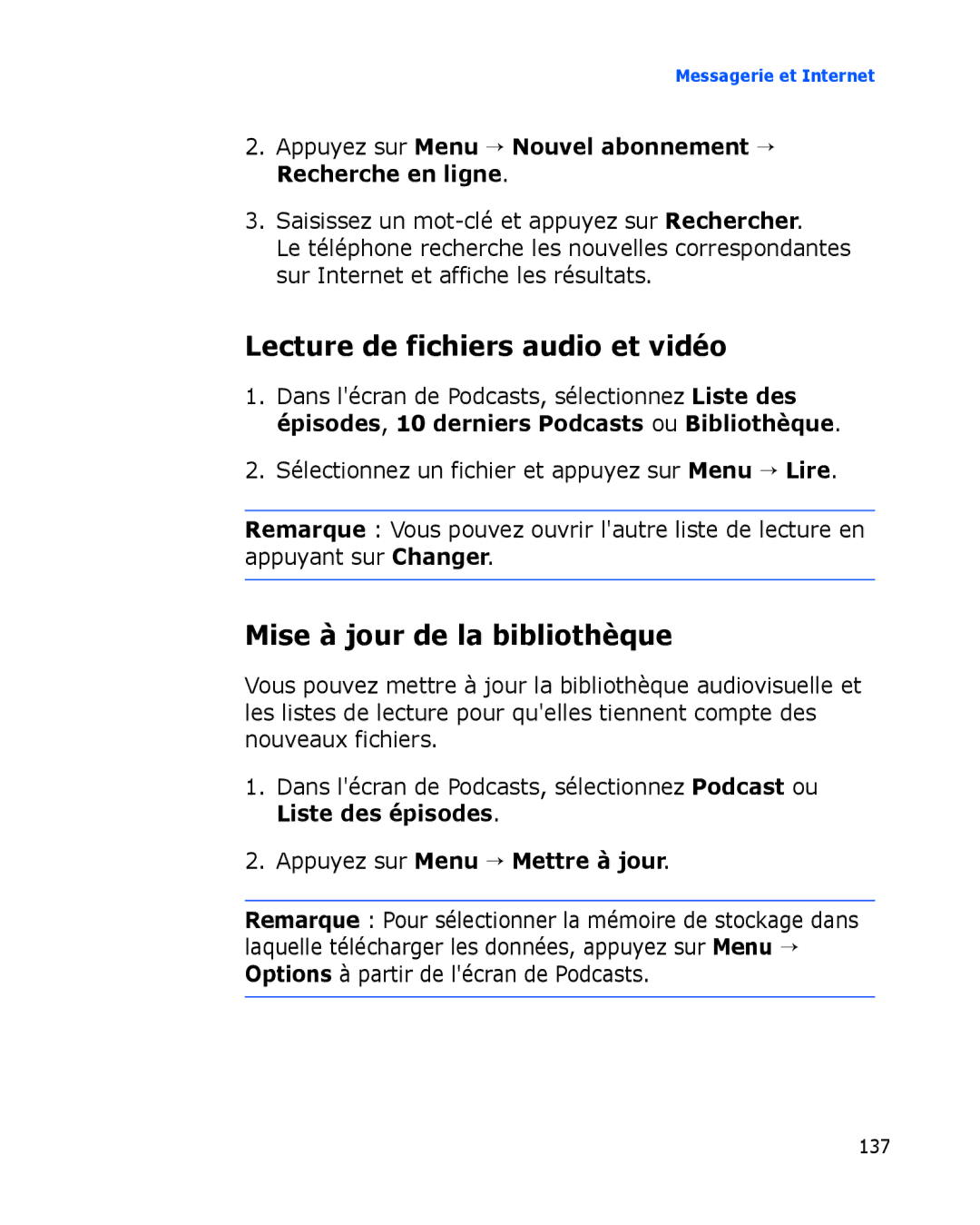 Samsung SGH-I780ZKNXEF, SGH-I780VRAXEF, SGH-I780ZKABOG Lecture de fichiers audio et vidéo, Mise à jour de la bibliothèque 