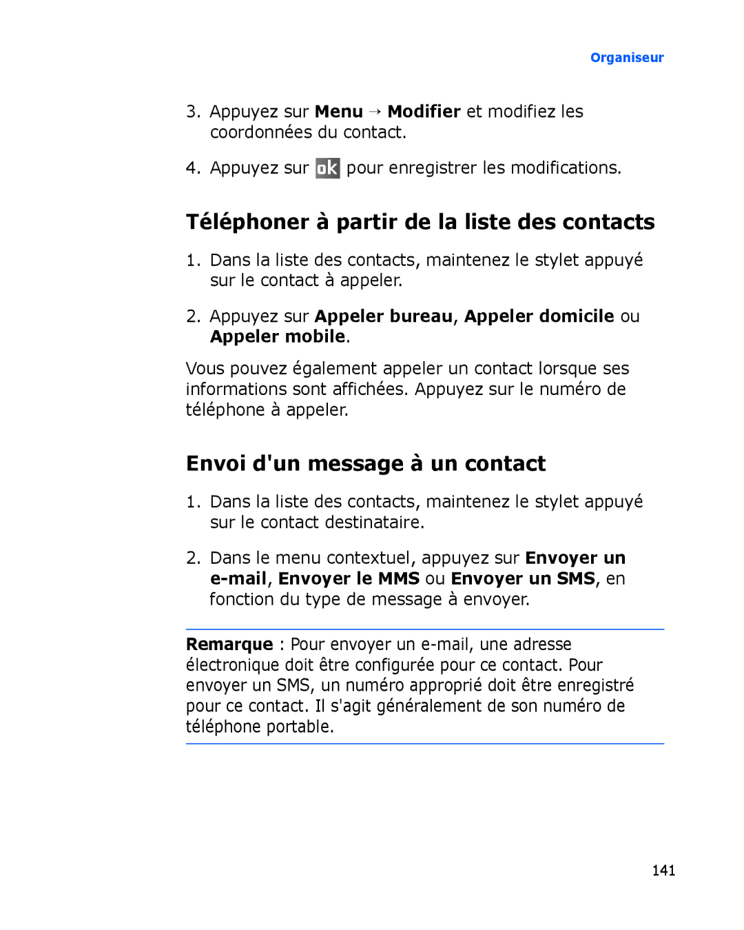 Samsung SGH-I780VRNXEF, SGH-I780VRAXEF manual Téléphoner à partir de la liste des contacts, Envoi dun message à un contact 