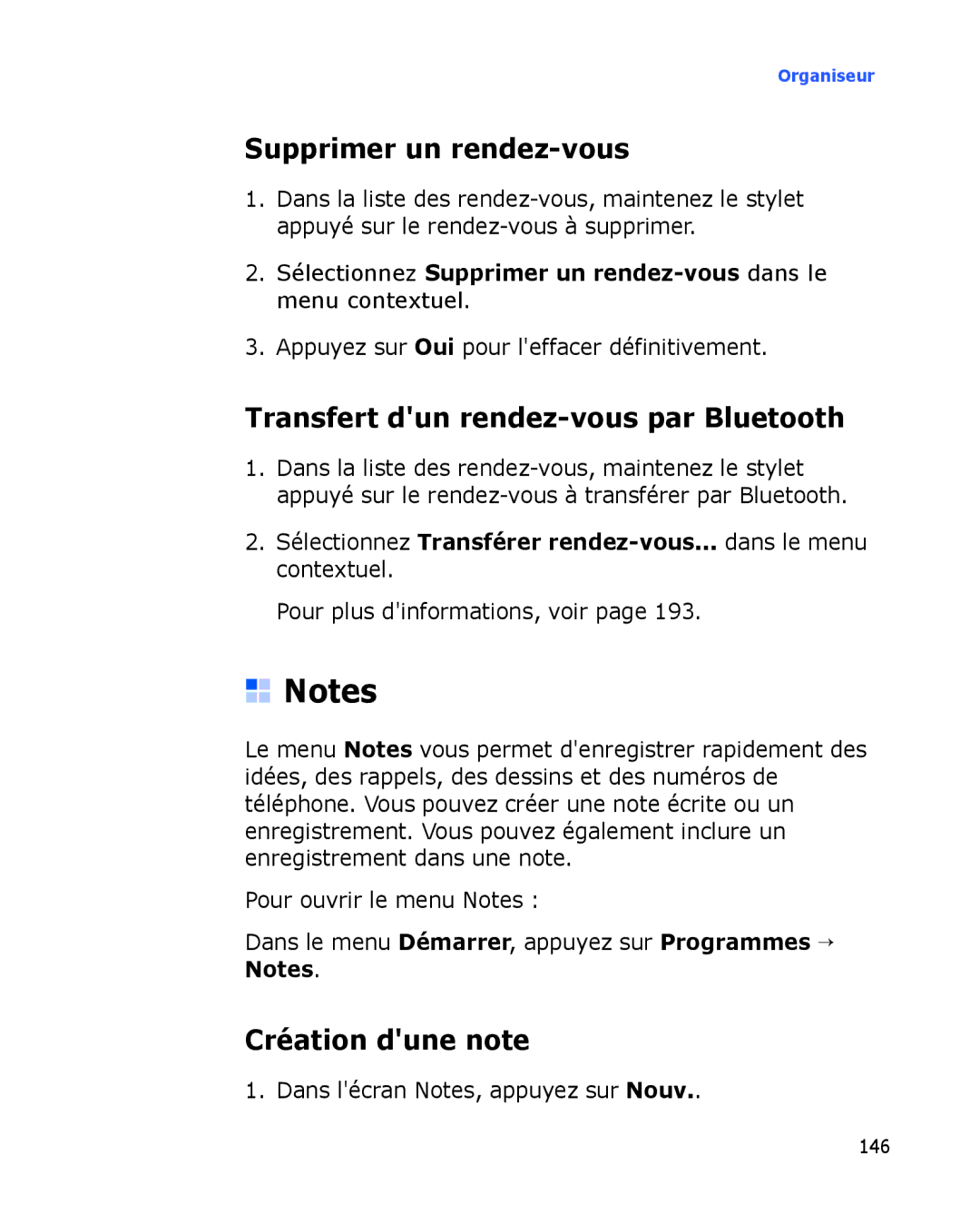 Samsung SGH-I780ZKAFTM manual Supprimer un rendez-vous, Transfert dun rendez-vous par Bluetooth, Création dune note 