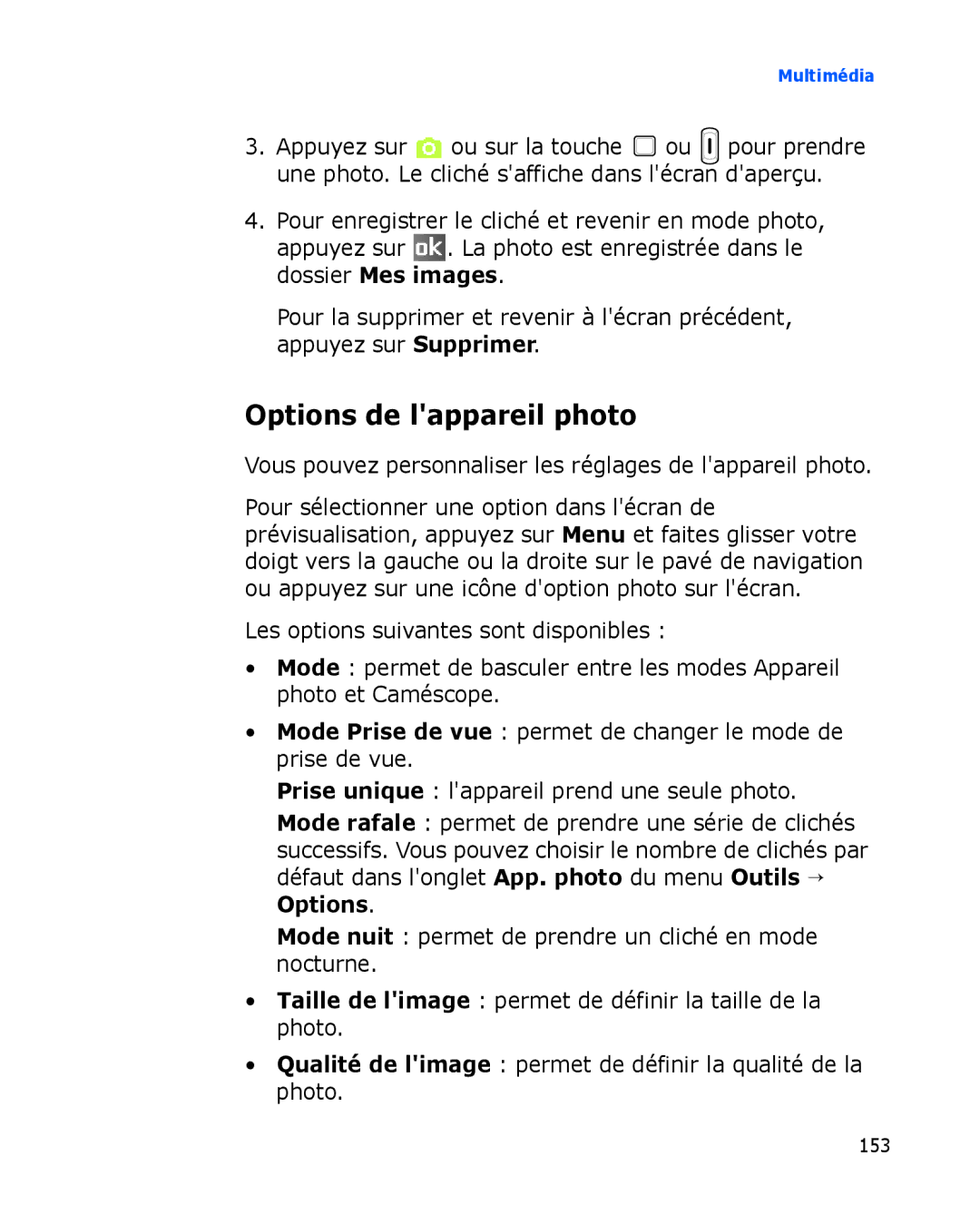 Samsung SGH-I780VRNXEF manual Options de lappareil photo, Vous pouvez personnaliser les réglages de lappareil photo 