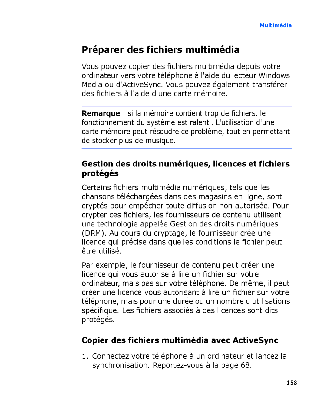 Samsung SGH-I780ZKAFTM, SGH-I780VRAXEF Préparer des fichiers multimédia, Copier des fichiers multimédia avec ActiveSync 