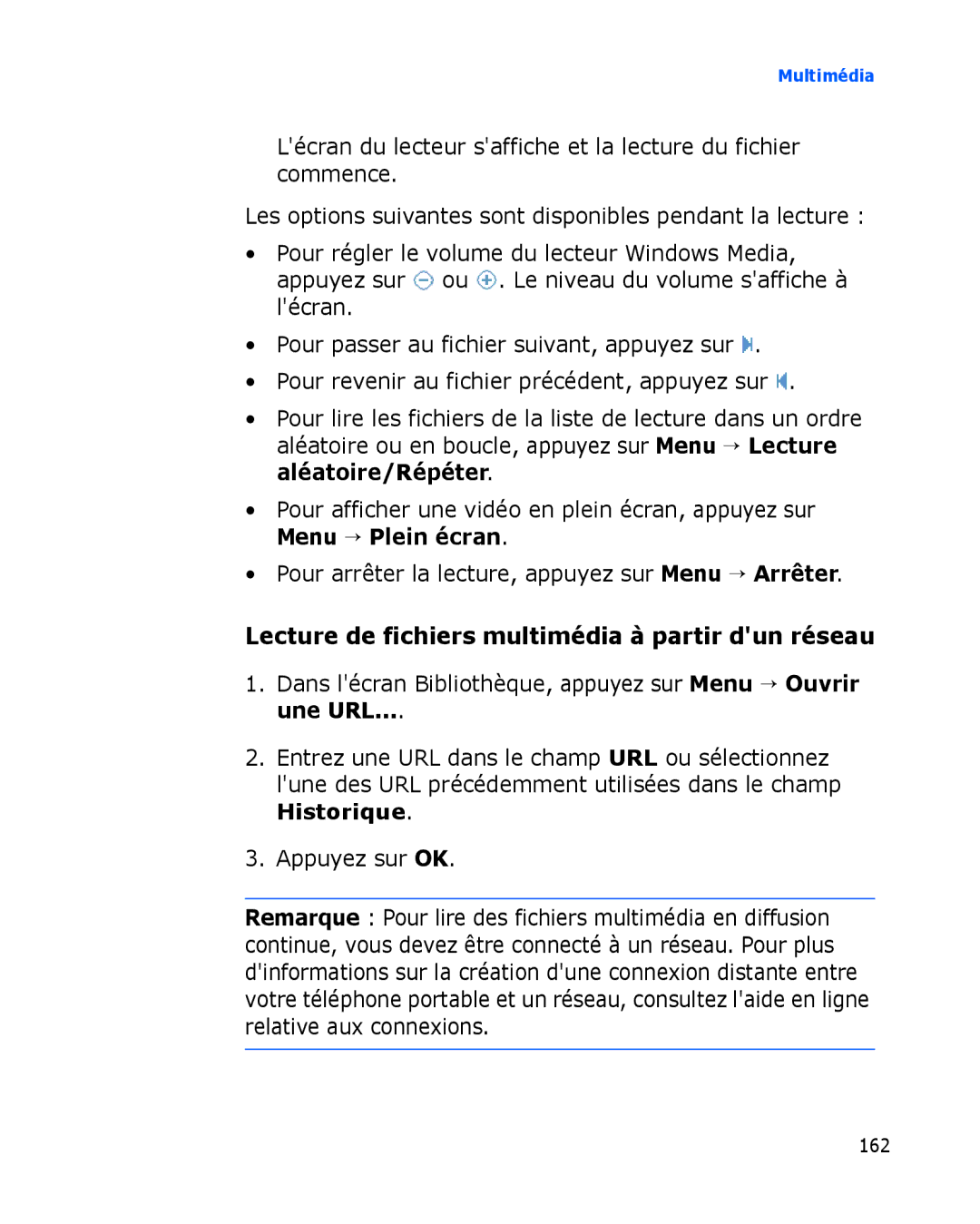 Samsung SGH-I780VRABOG, SGH-I780VRAXEF, SGH-I780ZKABOG, SGH-I780VRNSFR Lecture de fichiers multimédia à partir dun réseau 