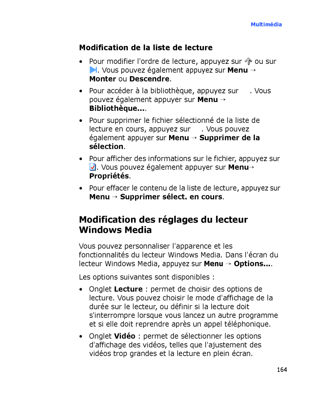 Samsung SGH-I780ZKASFR manual Modification des réglages du lecteur Windows Media, Modification de la liste de lecture 