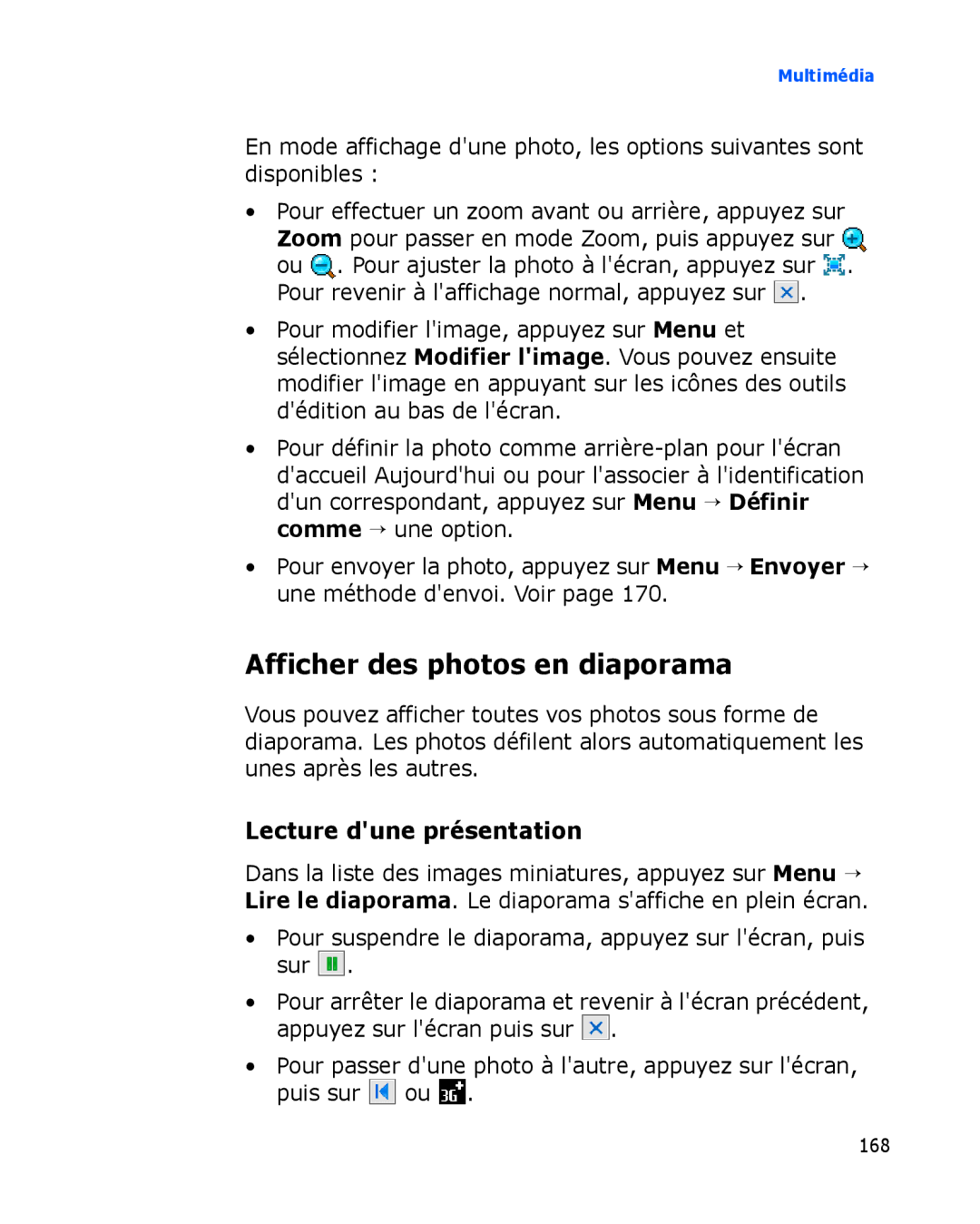 Samsung SGH-I780ZKABOG, SGH-I780VRAXEF, SGH-I780VRNSFR manual Afficher des photos en diaporama, Lecture dune présentation 