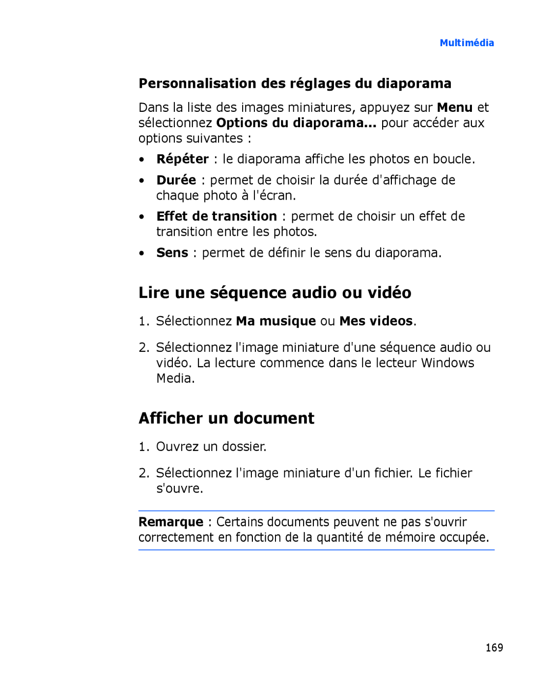 Samsung SGH-I780VRNSFR Lire une séquence audio ou vidéo, Afficher un document, Personnalisation des réglages du diaporama 