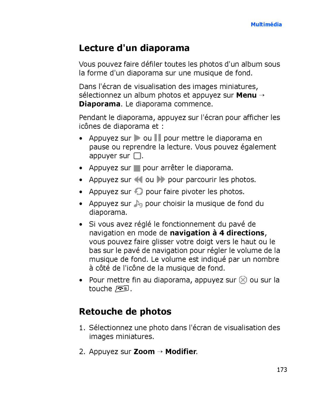 Samsung SGH-I780ZKNXEF, SGH-I780VRAXEF, SGH-I780ZKABOG, SGH-I780VRNSFR manual Lecture dun diaporama, Retouche de photos 