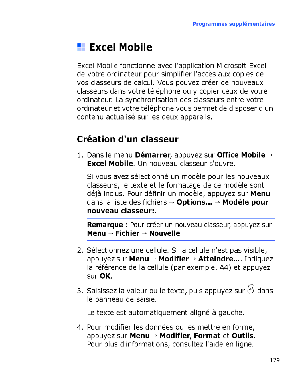 Samsung SGH-I780VRAXEF, SGH-I780ZKABOG, SGH-I780VRNSFR, SGH-I780ZKAFTM, SGH-I780VRASFR Excel Mobile, Création dun classeur 