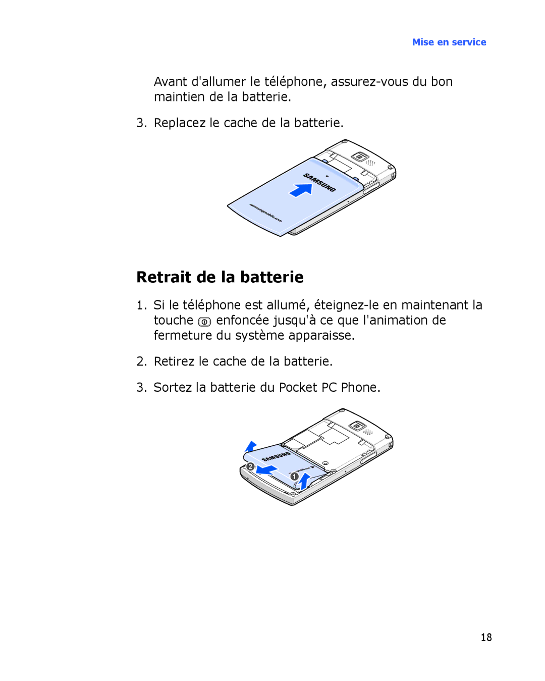 Samsung SGH-I780VRABOG, SGH-I780VRAXEF Retrait de la batterie, Si le téléphone est allumé, éteignez-le en maintenant la 