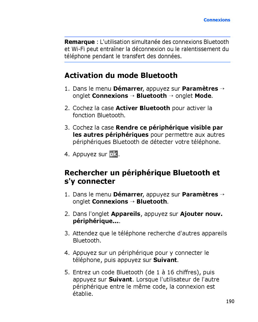 Samsung SGH-I780ZKNSFR, SGH-I780VRAXEF Activation du mode Bluetooth, Rechercher un périphérique Bluetooth et sy connecter 