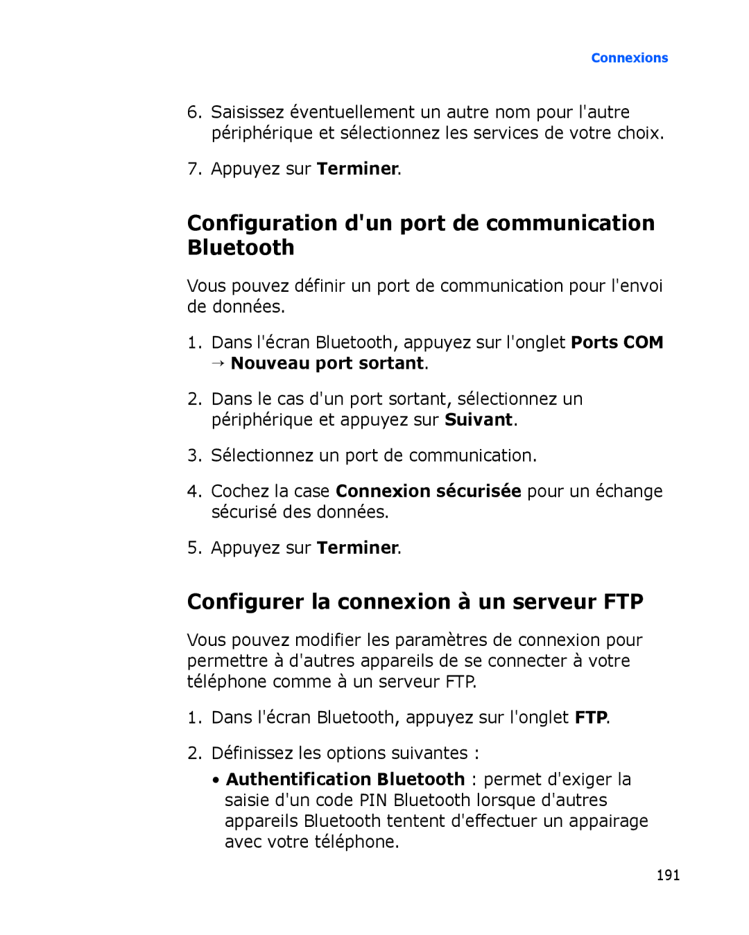 Samsung SGH-I780VRAXEF manual Configuration dun port de communication Bluetooth, Configurer la connexion à un serveur FTP 