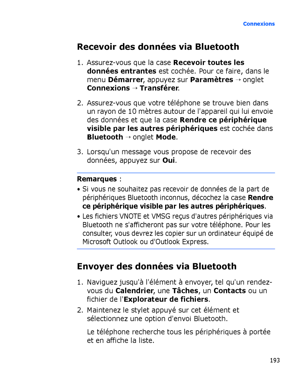 Samsung SGH-I780VRNSFR, SGH-I780VRAXEF manual Recevoir des données via Bluetooth, Envoyer des données via Bluetooth 