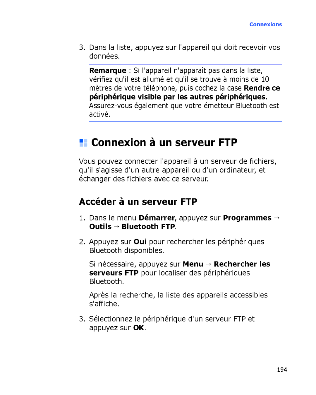 Samsung SGH-I780ZKAFTM, SGH-I780VRAXEF, SGH-I780ZKABOG, SGH-I780VRNSFR Connexion à un serveur FTP, Accéder à un serveur FTP 