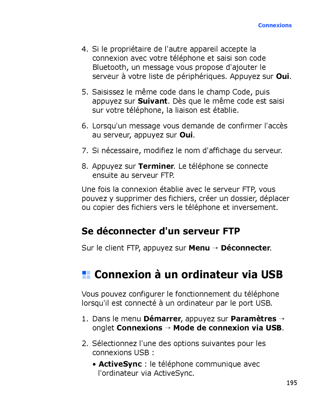 Samsung SGH-I780VRASFR, SGH-I780VRAXEF, SGH-I780ZKABOG Connexion à un ordinateur via USB, Se déconnecter dun serveur FTP 