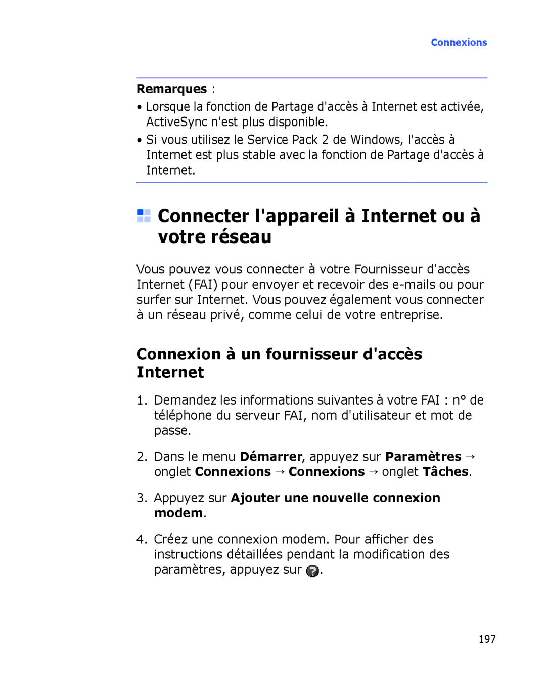 Samsung SGH-I780ZKNXEF manual Connecter lappareil à Internet ou à votre réseau, Connexion à un fournisseur daccès Internet 