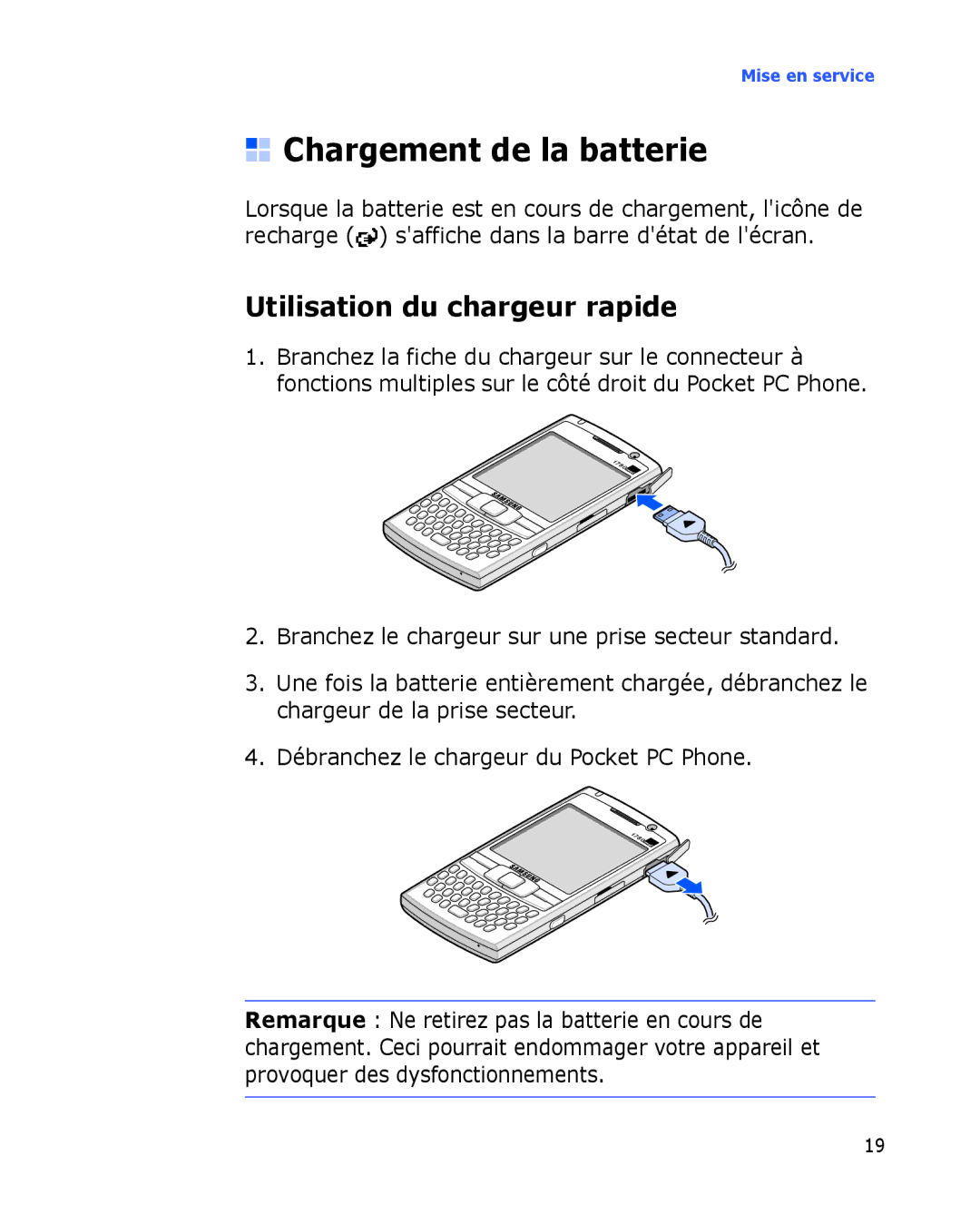 Samsung SGH-I780ZKAXEF, SGH-I780VRAXEF, SGH-I780ZKABOG manual Chargement de la batterie, Utilisation du chargeur rapide 