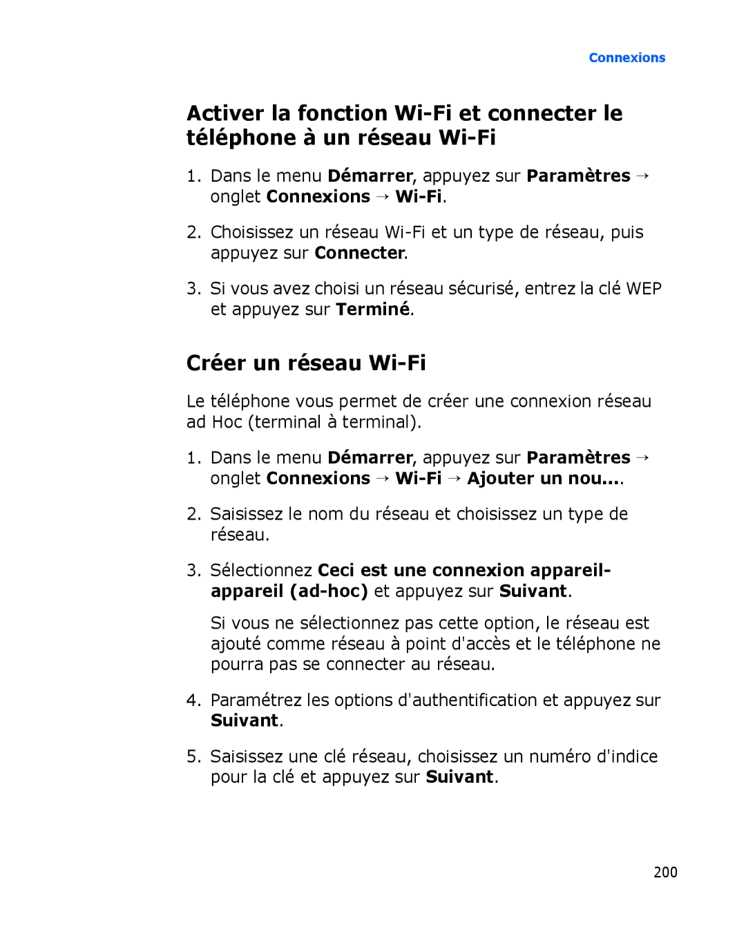 Samsung SGH-I780ZKASFR, SGH-I780VRAXEF Créer un réseau Wi-Fi, Saisissez le nom du réseau et choisissez un type de réseau 