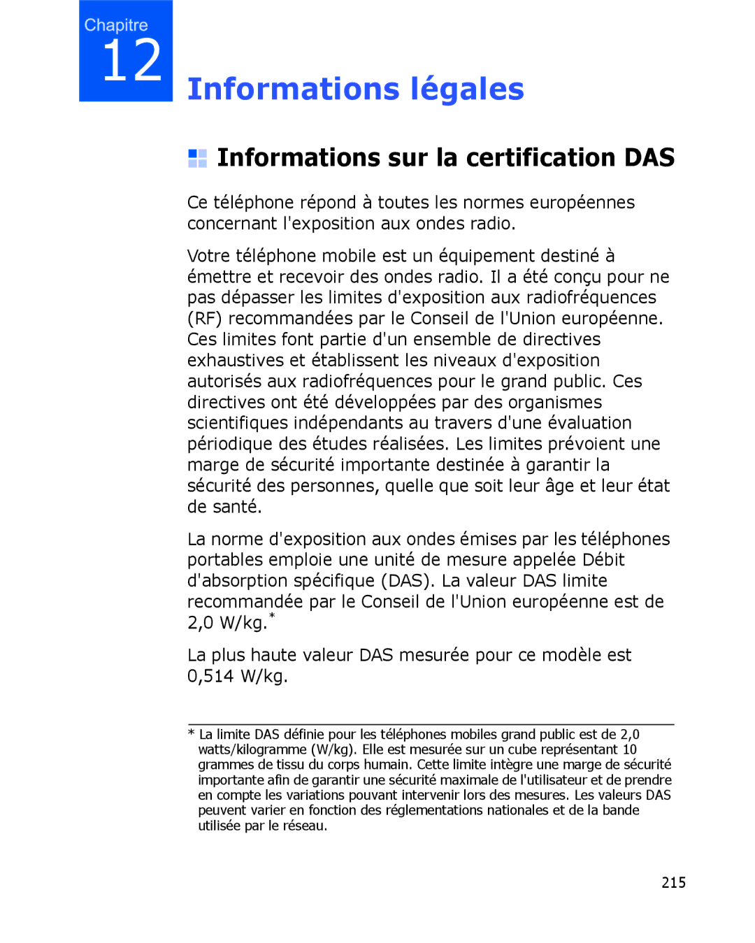 Samsung SGH-I780VRAXEF, SGH-I780ZKABOG, SGH-I780VRNSFR manual Informations légales, Informations sur la certification DAS 