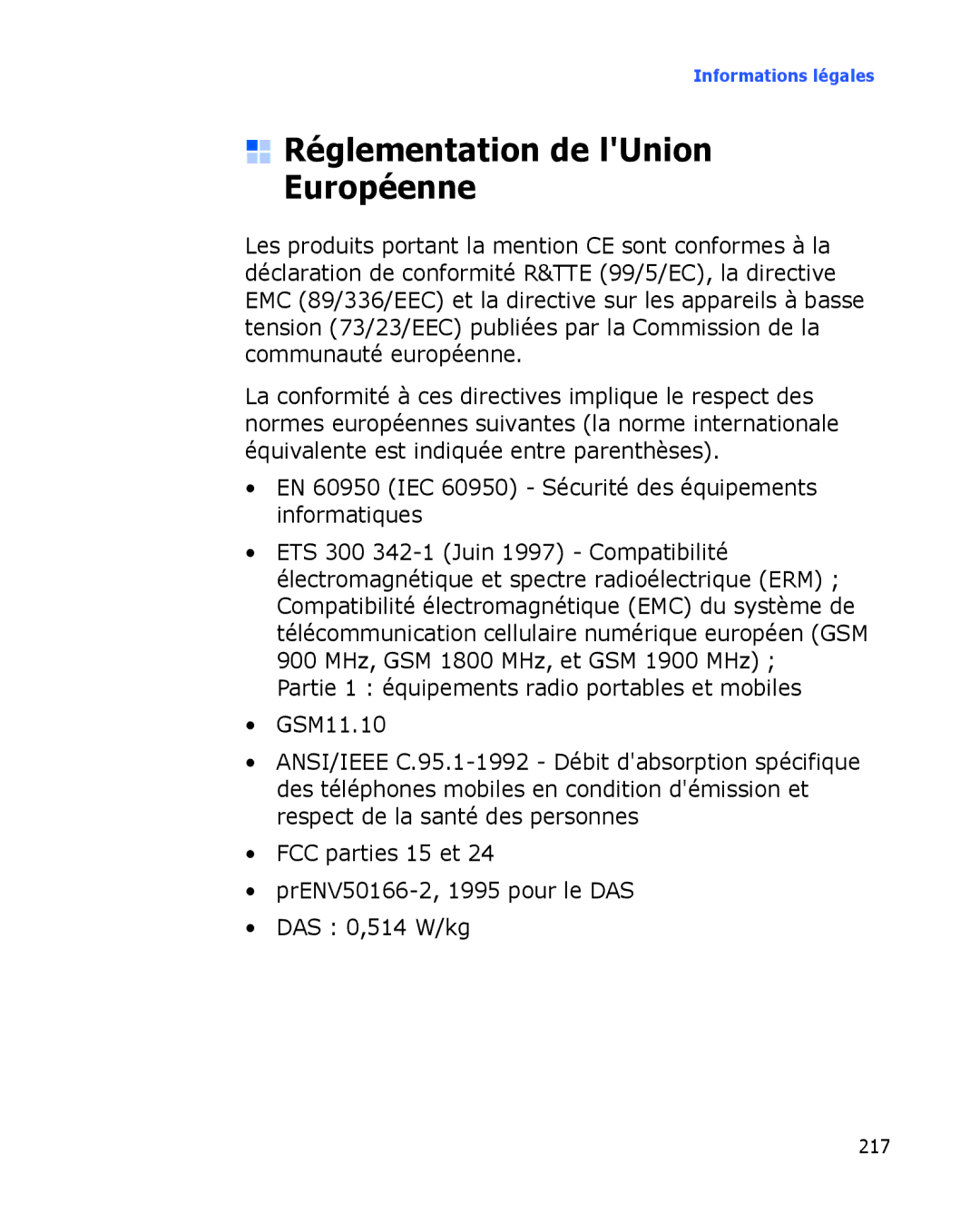 Samsung SGH-I780VRNSFR Réglementation de lUnion Européenne, EN 60950 IEC 60950 Sécurité des équipements informatiques 