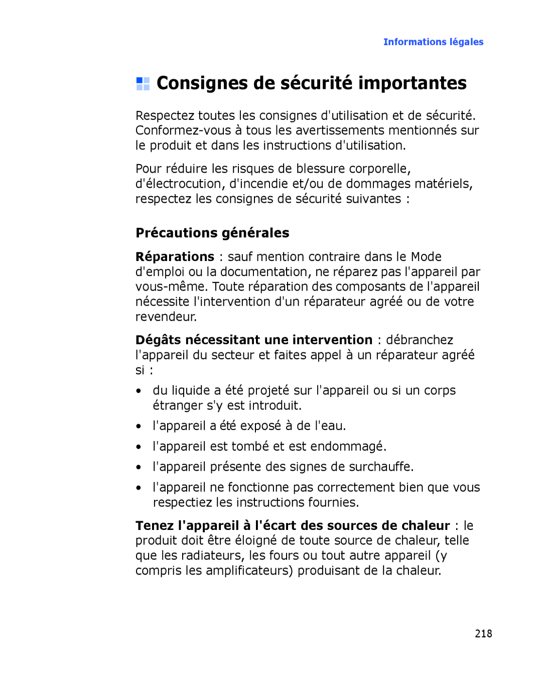 Samsung SGH-I780ZKAFTM, SGH-I780VRAXEF, SGH-I780ZKABOG manual Consignes de sécurité importantes, Précautions générales 