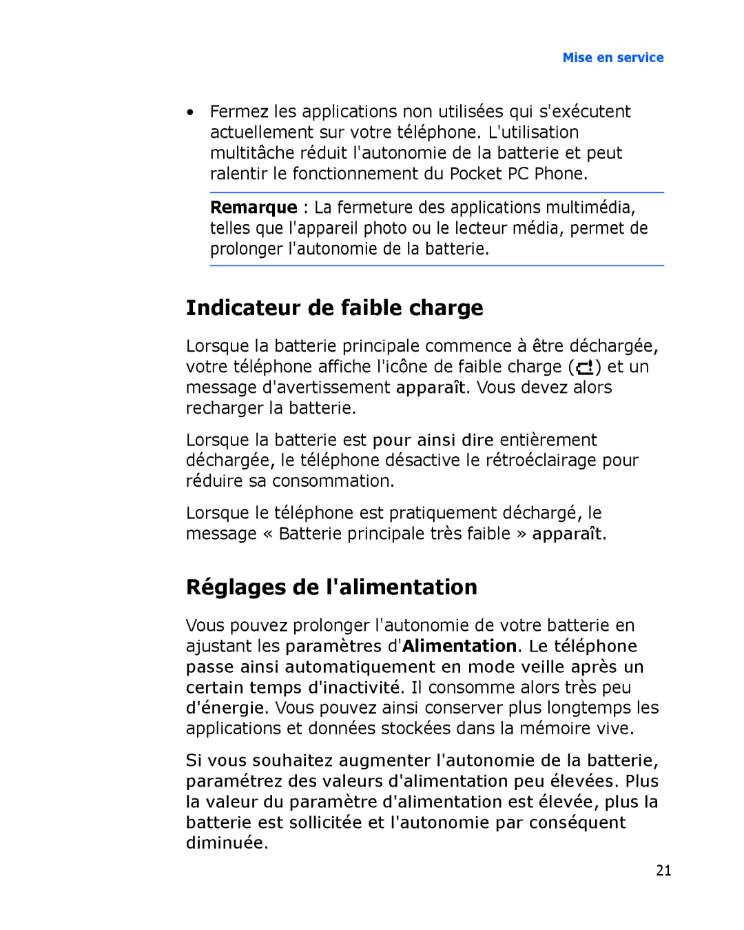 Samsung SGH-I780VRNXEF, SGH-I780VRAXEF, SGH-I780ZKABOG manual Indicateur de faible charge, Réglages de lalimentation 