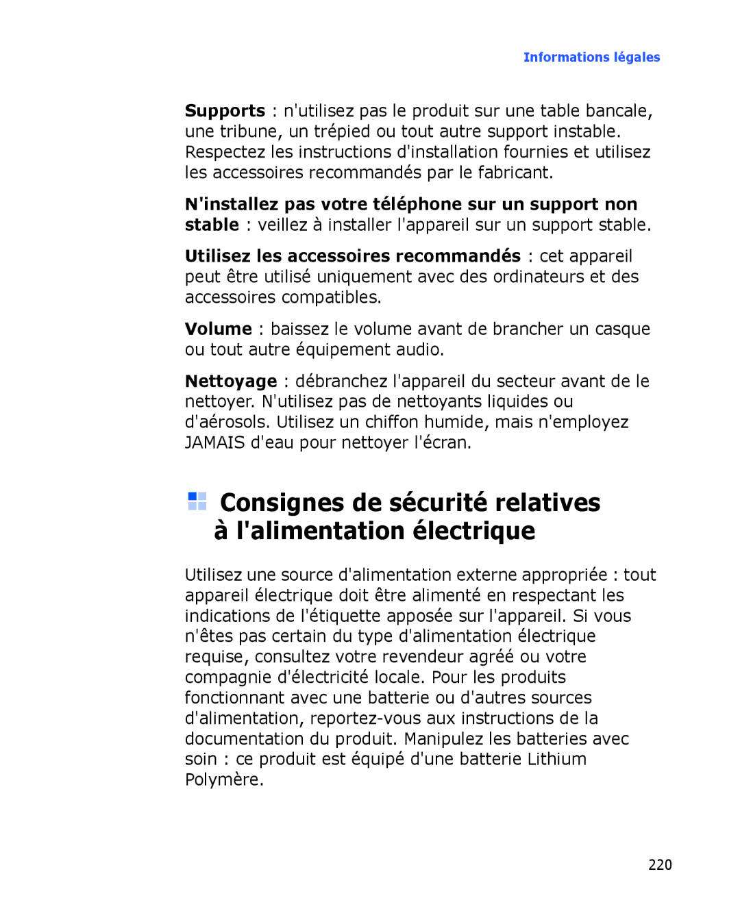 Samsung SGH-I780VRAFTM, SGH-I780VRAXEF, SGH-I780ZKABOG manual Consignes de sécurité relatives à lalimentation électrique 