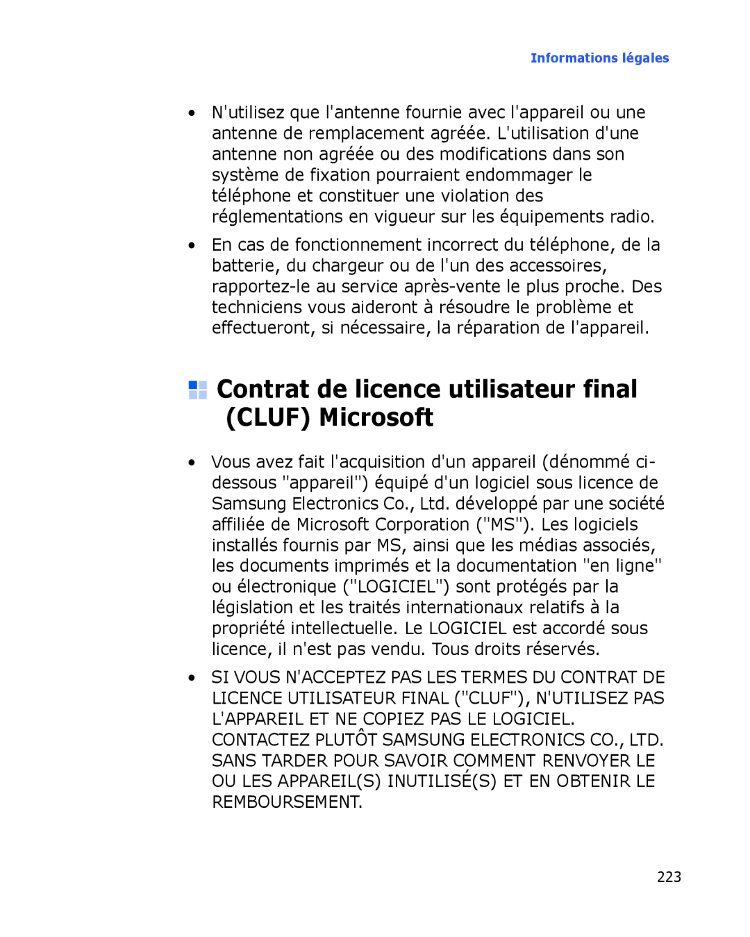 Samsung SGH-I780ZKAXEF, SGH-I780VRAXEF, SGH-I780ZKABOG, SGH-I780VRNSFR Contrat de licence utilisateur final Cluf Microsoft 