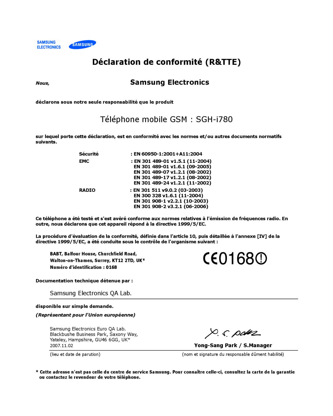 Samsung SGH-I780ZKASFR, SGH-I780VRAXEF, SGH-I780ZKABOG manual Déclaration de conformité R&TTE, Téléphone mobile GSM SGH-i780 