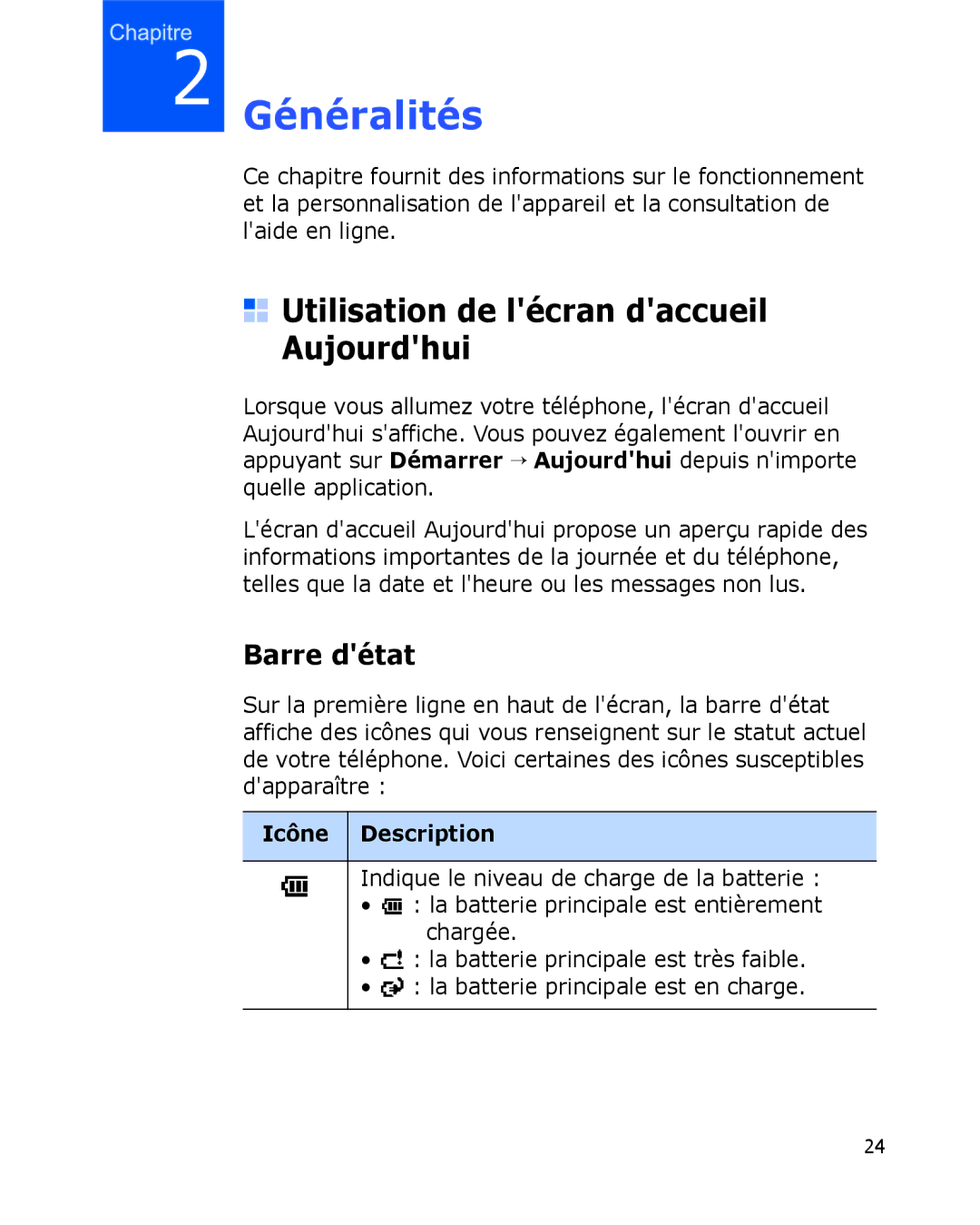 Samsung SGH-I780ZKABOG, SGH-I780VRAXEF manual Utilisation de lécran daccueil Aujourdhui, Barre détat, Icône Description 