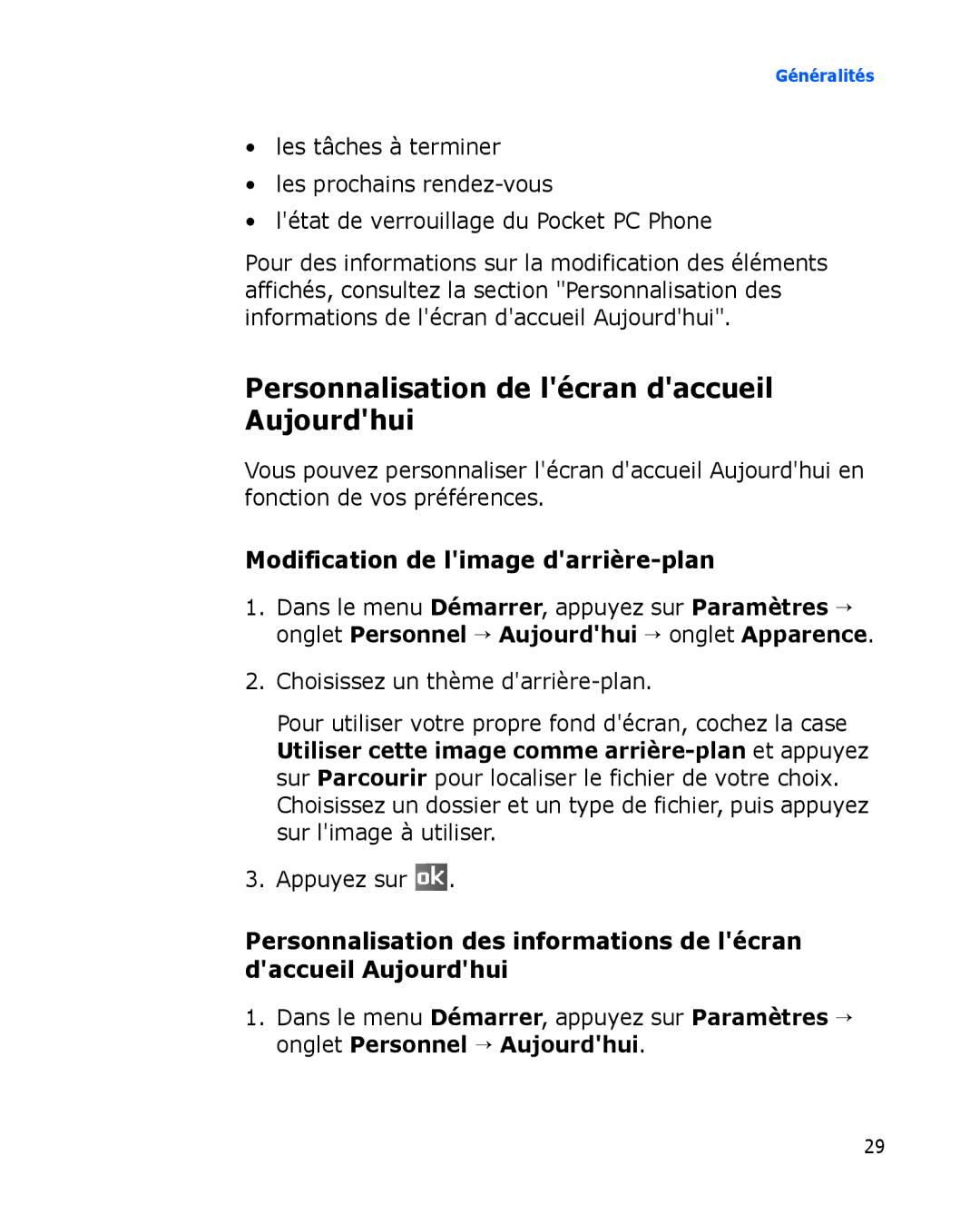 Samsung SGH-I780ZKNXEF manual Personnalisation de lécran daccueil Aujourdhui, Modification de limage darrière-plan 
