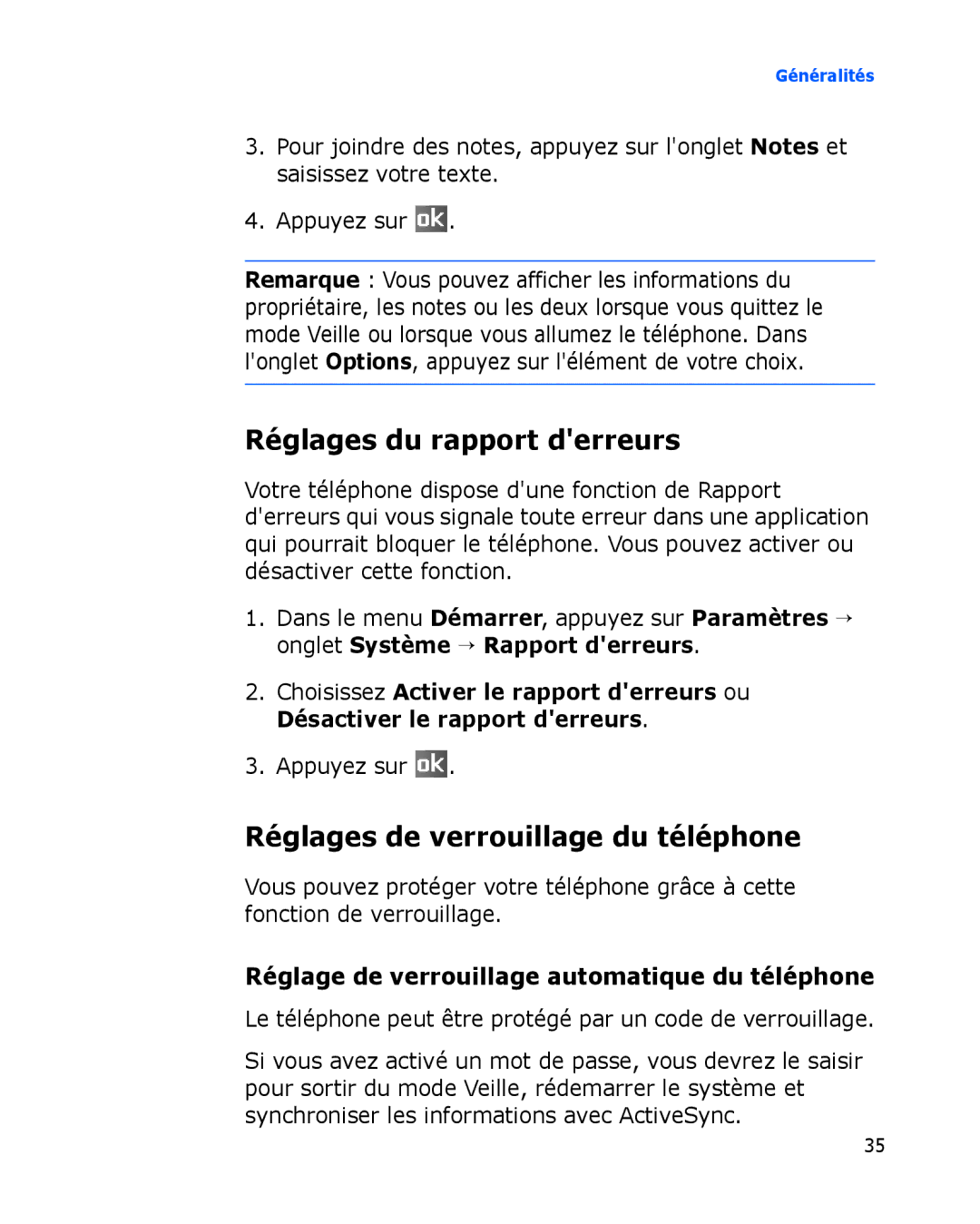 Samsung SGH-I780VRAXEF, SGH-I780ZKABOG, SGH-I780VRNSFR Réglages du rapport derreurs, Réglages de verrouillage du téléphone 