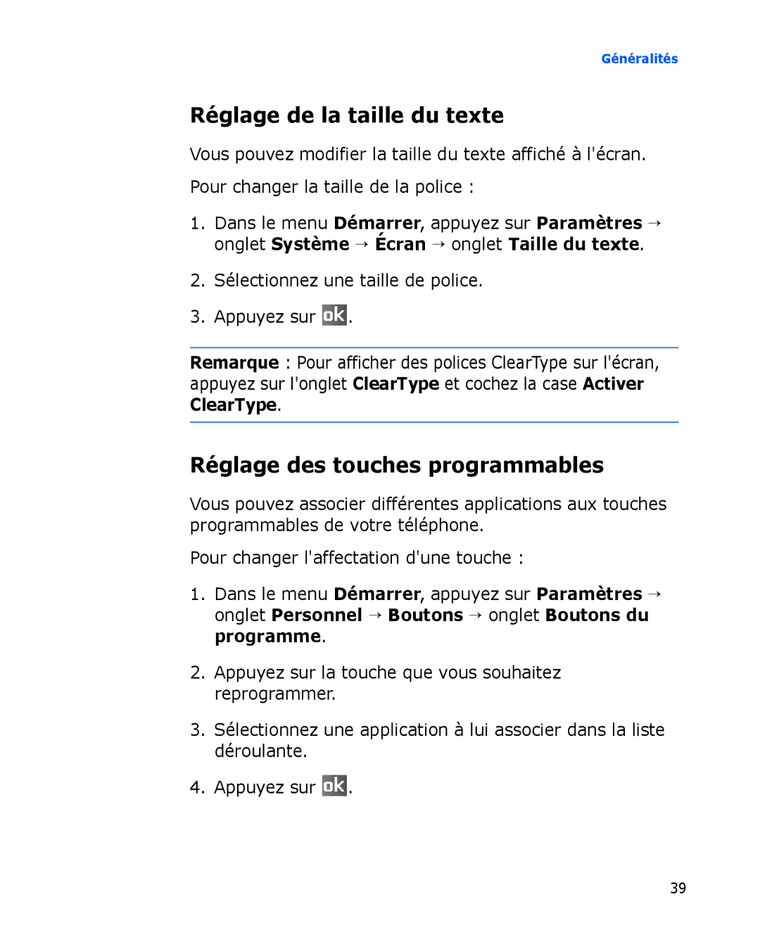 Samsung SGH-I780VRASFR, SGH-I780VRAXEF, SGH-I780ZKABOG Réglage de la taille du texte, Réglage des touches programmables 