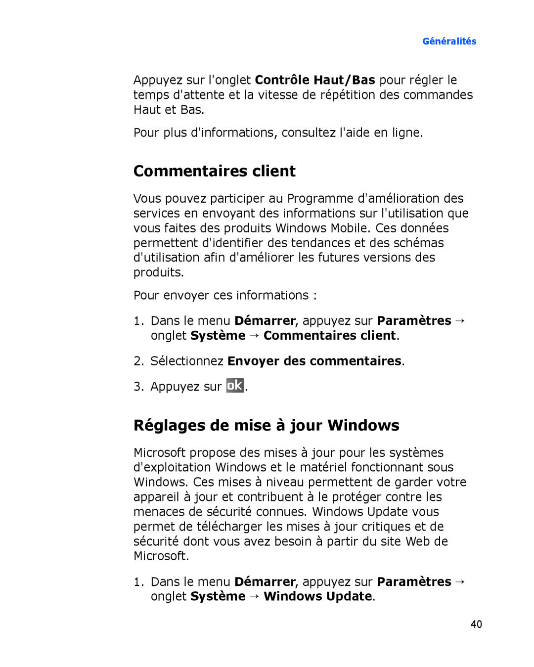 Samsung SGH-I780VRAFTM manual Commentaires client, Réglages de mise à jour Windows, Sélectionnez Envoyer des commentaires 