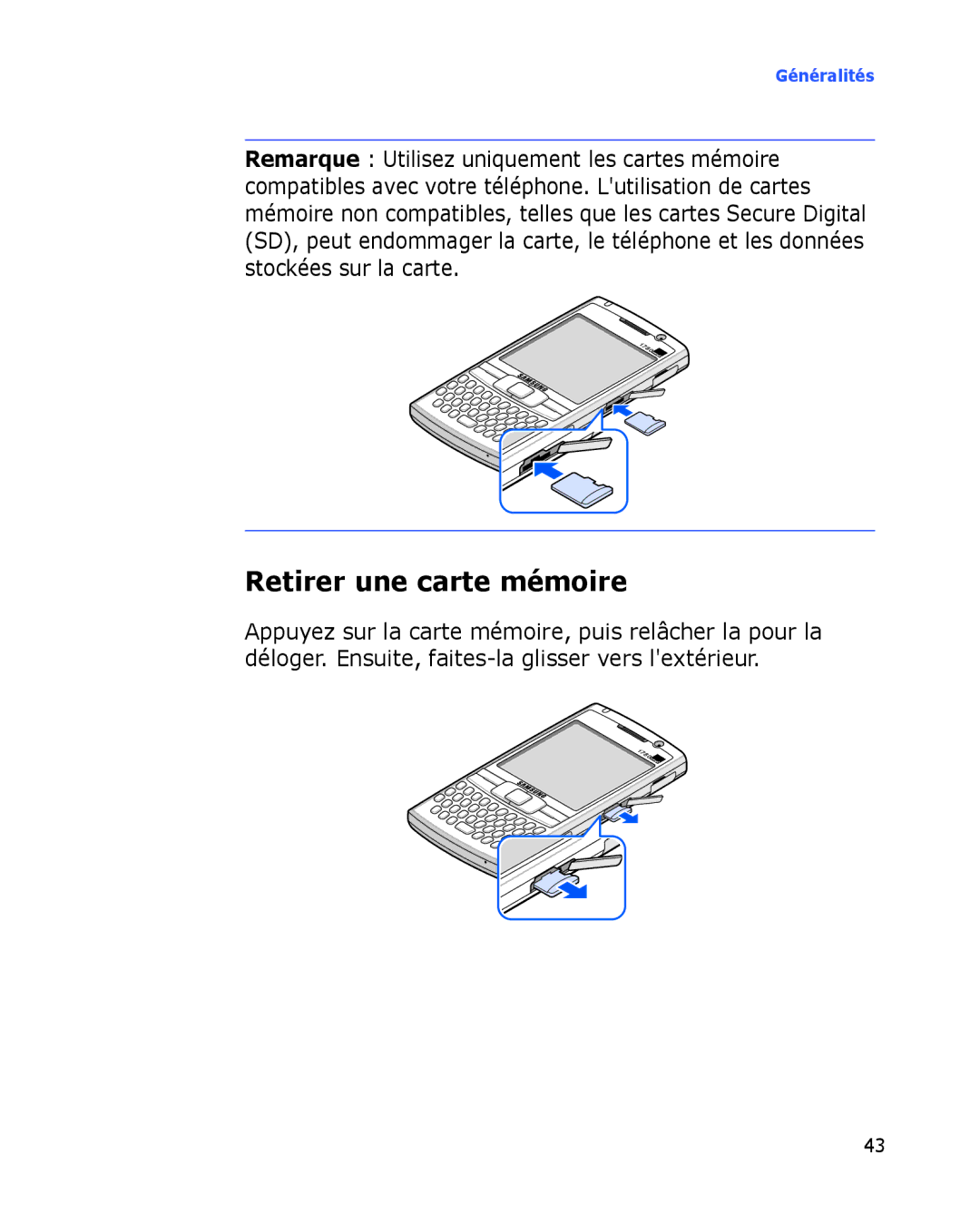 Samsung SGH-I780ZKAXEF, SGH-I780VRAXEF, SGH-I780ZKABOG, SGH-I780VRNSFR, SGH-I780ZKAFTM manual Retirer une carte mémoire 