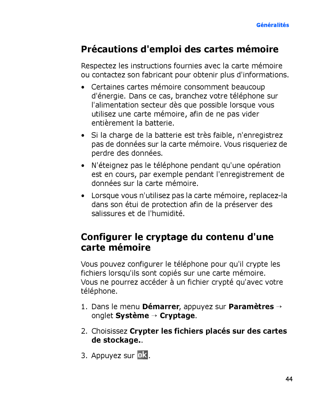 Samsung SGH-I780ZKASFR manual Précautions demploi des cartes mémoire, Configurer le cryptage du contenu dune carte mémoire 