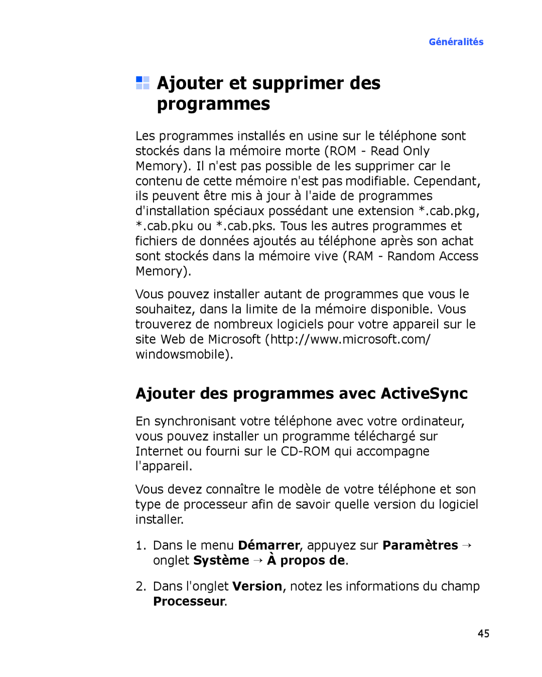 Samsung SGH-I780VRNXEF, SGH-I780VRAXEF manual Ajouter et supprimer des programmes, Ajouter des programmes avec ActiveSync 