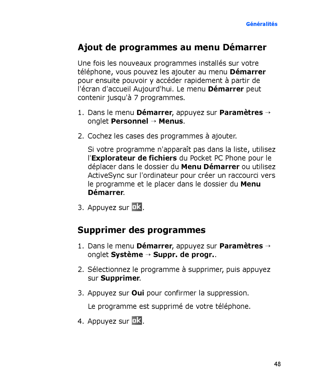 Samsung SGH-I780ZKABOG, SGH-I780VRAXEF, SGH-I780VRNSFR manual Ajout de programmes au menu Démarrer, Supprimer des programmes 