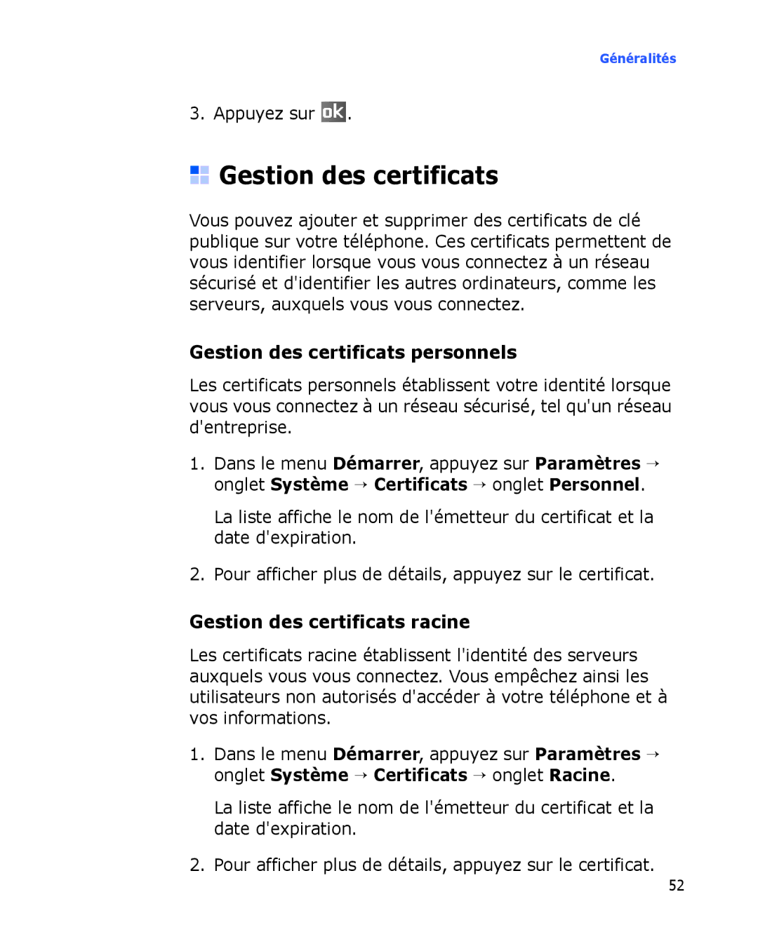 Samsung SGH-I780VRAFTM, SGH-I780VRAXEF manual Gestion des certificats personnels, Gestion des certificats racine 