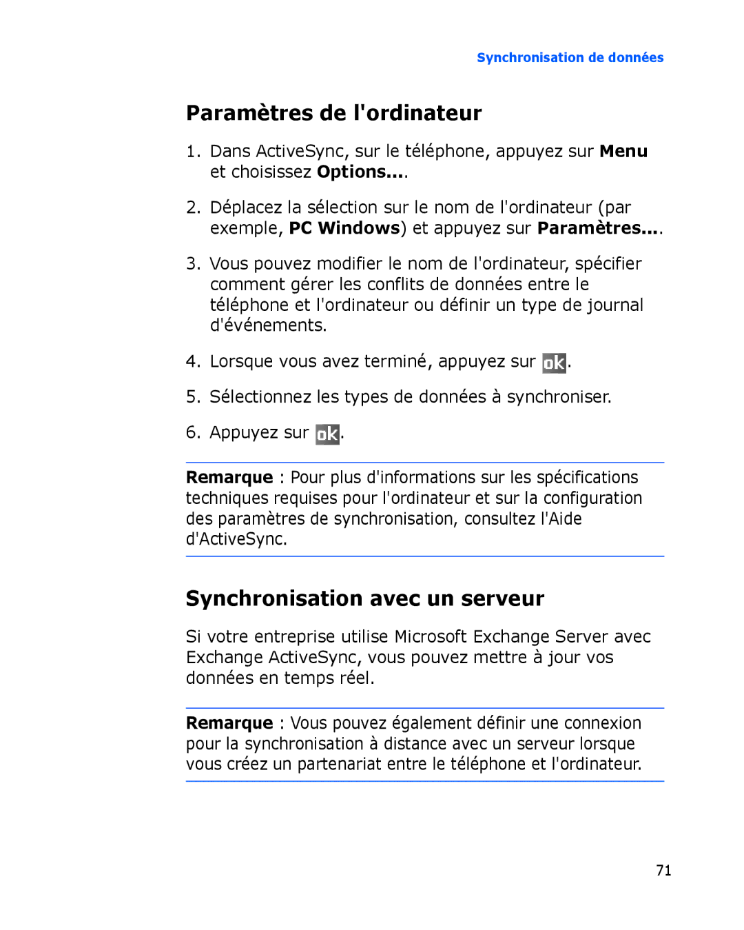 Samsung SGH-I780VRAXEF, SGH-I780ZKABOG, SGH-I780VRNSFR manual Paramètres de lordinateur, Synchronisation avec un serveur 