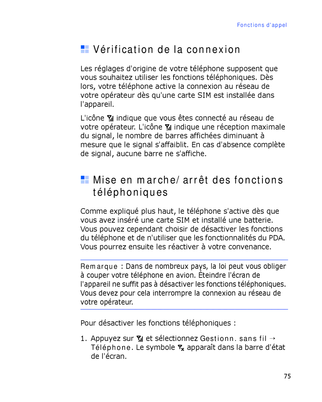 Samsung SGH-I780VRASFR, SGH-I780VRAXEF manual Vérification de la connexion, Mise en marche/arrêt des fonctions téléphoniques 