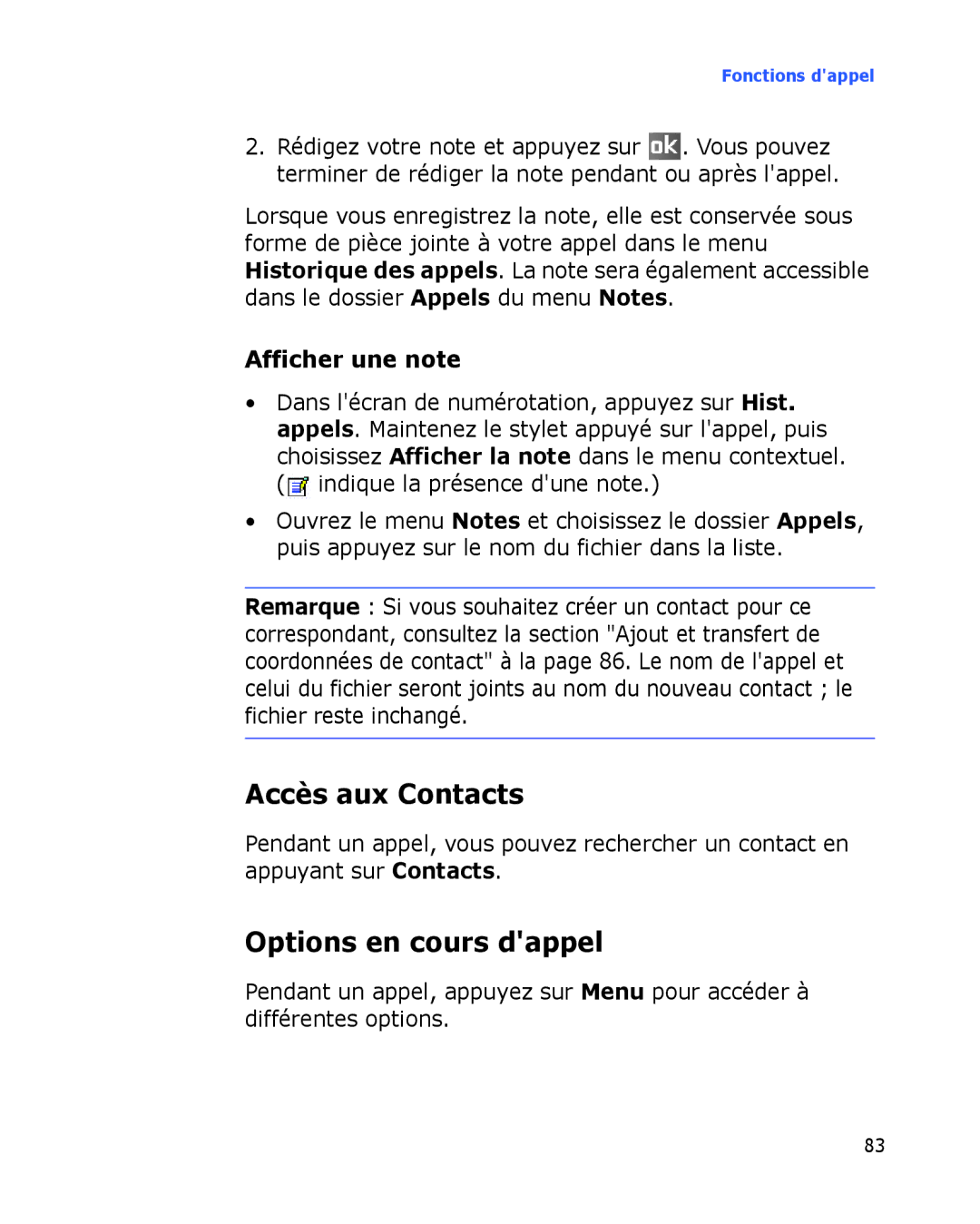 Samsung SGH-I780VRAXEF, SGH-I780ZKABOG, SGH-I780VRNSFR manual Accès aux Contacts, Options en cours dappel, Afficher une note 