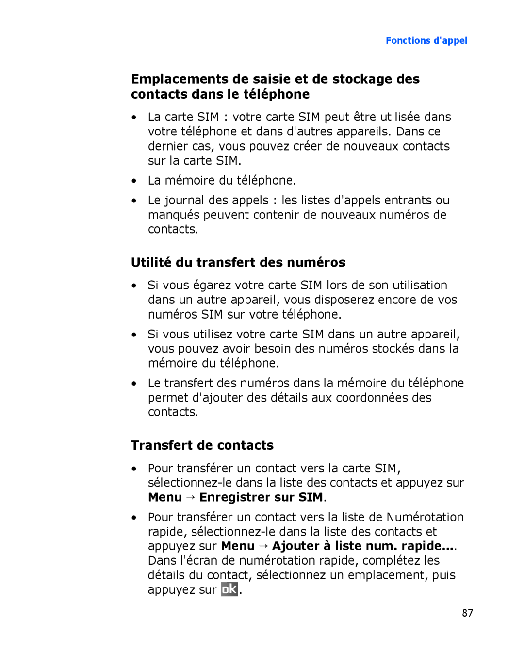 Samsung SGH-I780VRASFR, SGH-I780VRAXEF, SGH-I780ZKABOG manual Utilité du transfert des numéros, Transfert de contacts 