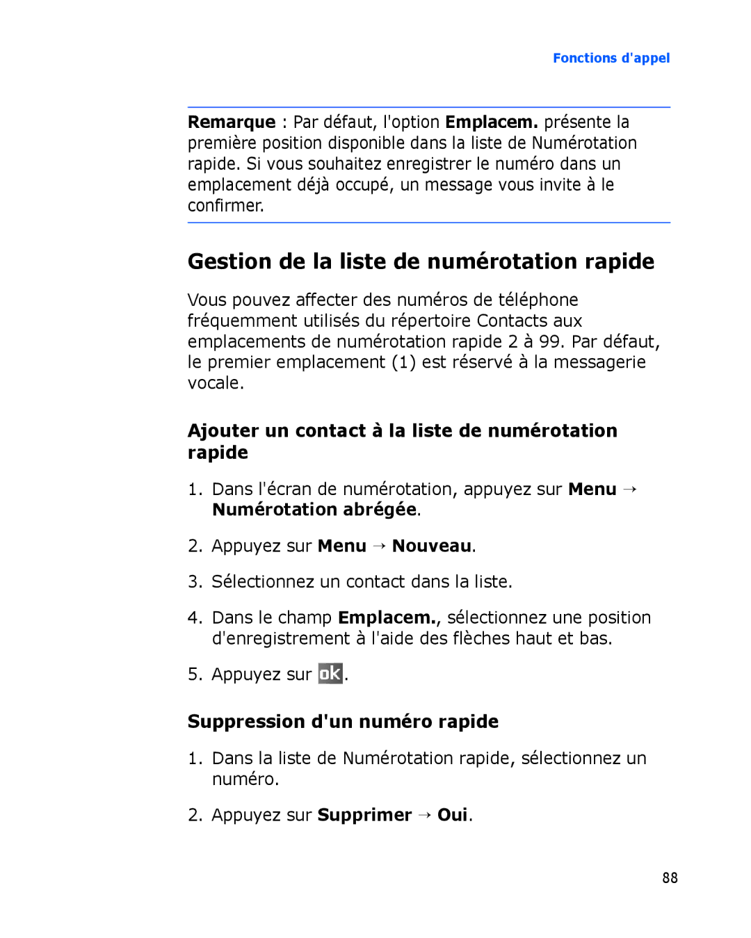 Samsung SGH-I780VRAFTM Gestion de la liste de numérotation rapide, Ajouter un contact à la liste de numérotation rapide 