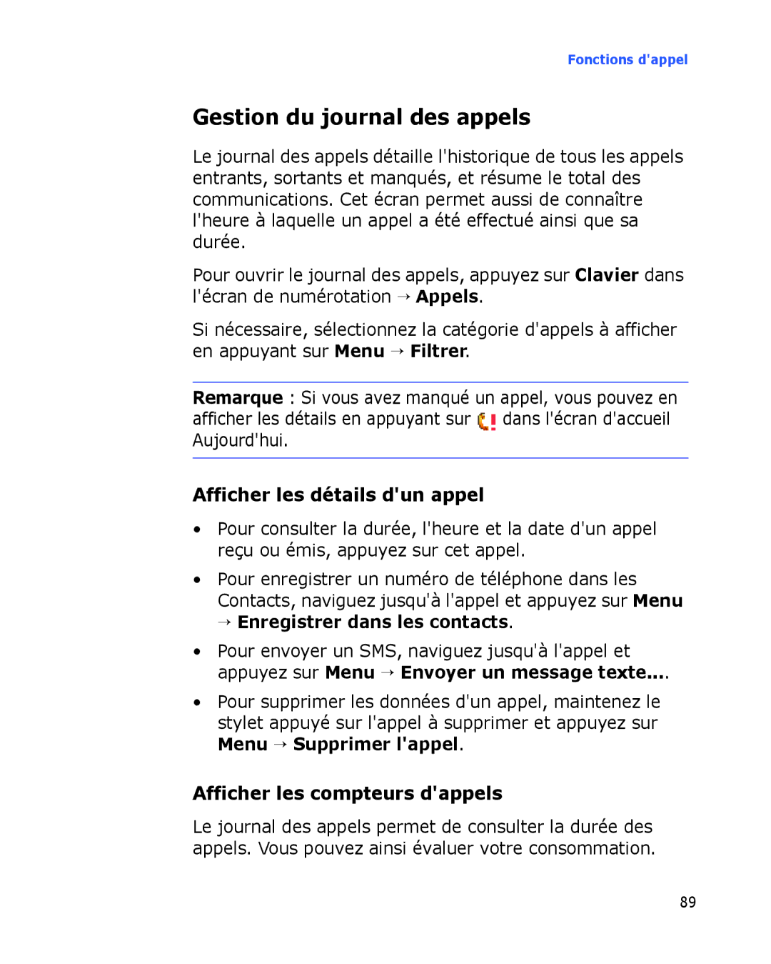 Samsung SGH-I780ZKNXEF manual Gestion du journal des appels, Afficher les détails dun appel, Afficher les compteurs dappels 