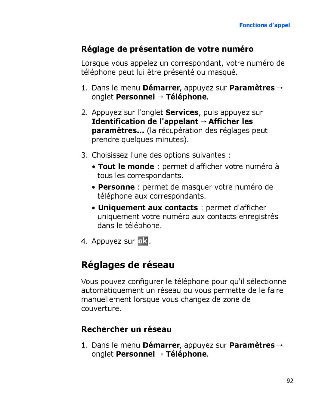 Samsung SGH-I780ZKASFR, SGH-I780VRAXEF Réglages de réseau, Réglage de présentation de votre numéro, Rechercher un réseau 