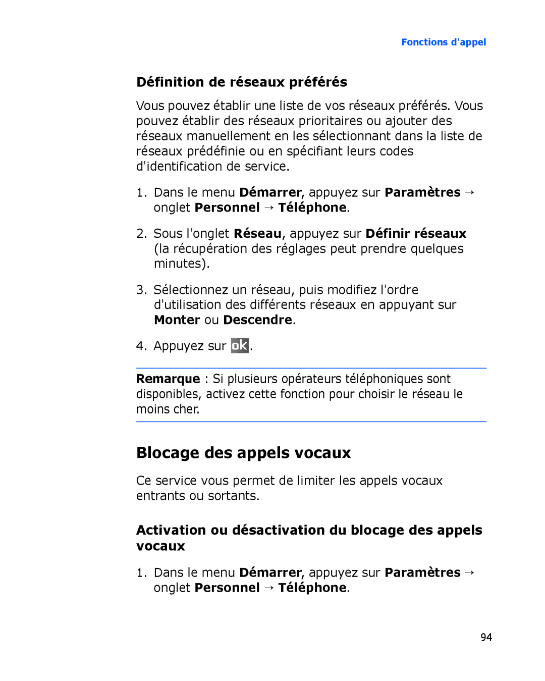 Samsung SGH-I780ZKNSFR, SGH-I780VRAXEF, SGH-I780ZKABOG manual Blocage des appels vocaux, Définition de réseaux préférés 