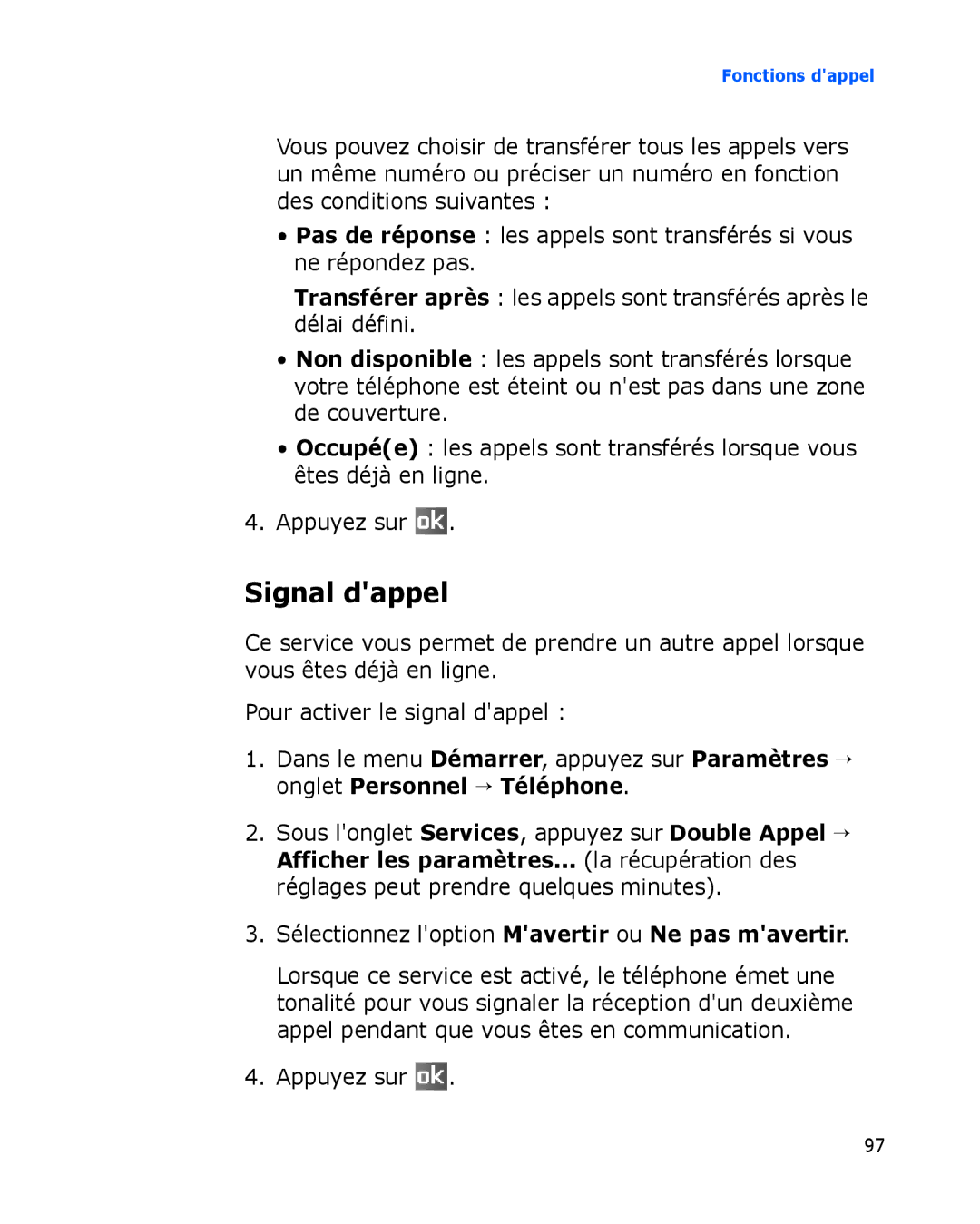 Samsung SGH-I780VRNSFR, SGH-I780VRAXEF, SGH-I780ZKABOG manual Signal dappel, Sélectionnez loption Mavertir ou Ne pas mavertir 