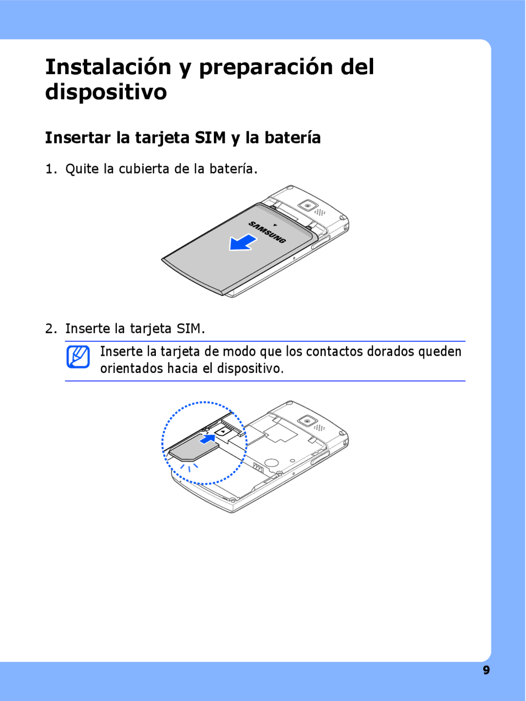 Samsung SGH-I780ZKNATL, SGH-I780ZKAAMN Instalación y preparación del dispositivo, Insertar la tarjeta SIM y la batería 