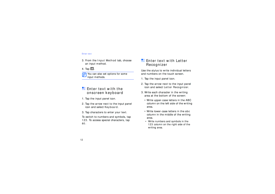 Samsung SGH-I780ZKAABS Enter text with the onscreen keyboard, Enter text with Letter Recognizer, Tap the input panel icon 