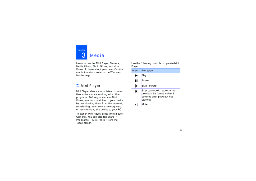 Samsung SGH-I780ZKAARB, SGH-I780ZKAECT, SGH-I780ZKAKEL, SGH-I780ZKAABS, SGH-I780ZKAXSG manual Media, Mini Player, Icon Function 